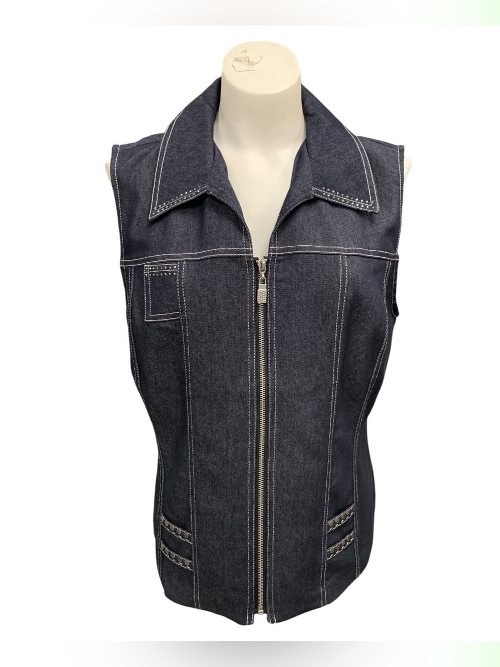 Crystal Dark Indigo Zip-Front Denim Vest with Contrast Stitching Size L